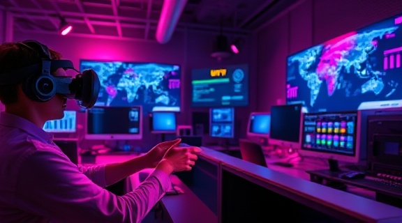 intuitive Dayton web, inspired, manipulating virtual reality controls, photorealistic, a digital lab with VR setups, highly detailed, data streams flowing seamlessly, vibrant contrast, shades of pink and blue, spotlight ambiance, shot with a 28mm lens.