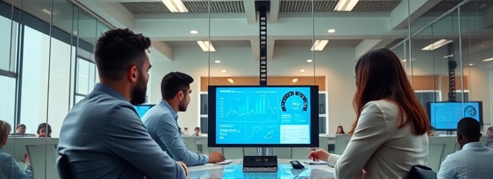 dedicated social Dayton team, focused, devising a strategy, photorealistic, glass-walled boardroom with digital screens, highly detailed, charts and graphs on a screen, neutral colors, overhead lighting, shot with an 85mm lens.