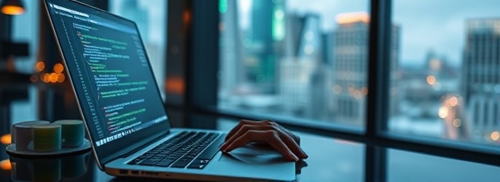 innovative website Dayton, focused, typing code on a laptop, photorealistic, tech office with view of downtown, highly detailed, binary code floating in air, high clarity, metallic and cyber greens, ambient LED lighting, shot with a 24-70mm zoom lens.