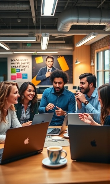 creative content Dayton team, enthusiastic expression, brainstorming, photorealistic, trendy open-plan workspace with laptops and coffee cups, highly detailed, flowing ideas, bright colors, fluorescent lighting, shot with a wide-angle lens.