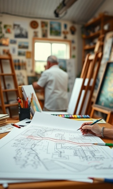 creative Dayton design, contemplative, sketching plans, photorealistic, art studio filled with sketches and paints, highly detailed, gentle breeze moving papers, vivid colors, soft natural lighting, shot with a macro lens.
