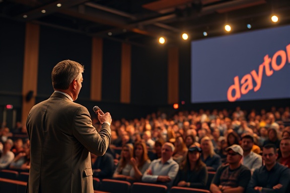 dayton marketing strategy, innovative, presenting a pitch, photorealistic, modern auditorium setting filled with spectators, highly detailed, audience engaged and attentive, warm colors, spotlighted stage, shot with a 70-200mm lens.