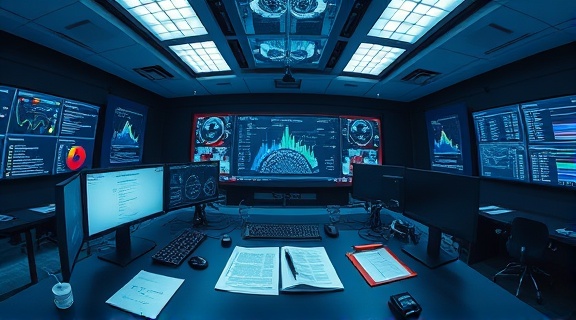 strategic content SEO analysis, focused expression, optimizing, photorealistic, sleek control room with monitors and data sheets, highly detailed, methodical workflow, cool blue tones, low-key lighting, shot with a fisheye lens.