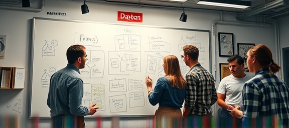 enthusiastic dayton marketing team, motivated, planning at a whiteboard, photorealistic, industrial-style creative studio, highly detailed, sketches and notes everywhere, cool tones, ceiling lights, shot with a 28mm lens.