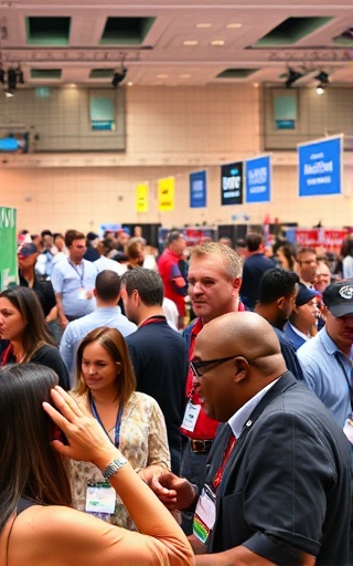 dynamic marketing Dayton event, lively expression, networking, photorealistic, bustling event hall with banners and booths, highly detailed, animated interactions, bold colors, spotlight effects, shot with a telephoto lens.