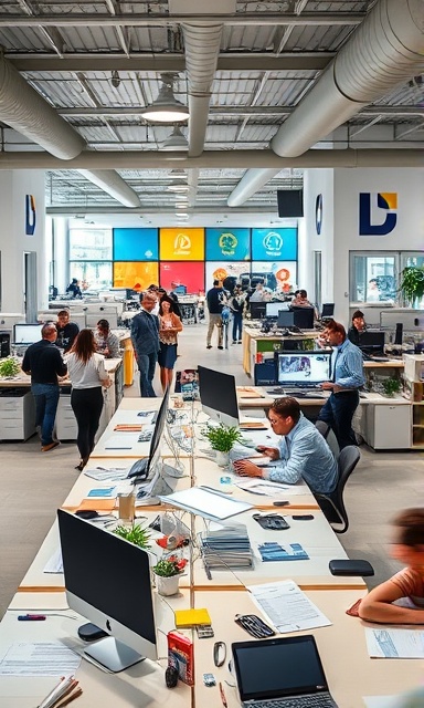 bustling Dayton media office, energetic, employees moving around, photorealistic, open-plan office space with creative desks, highly detailed, papers and pens scattered on tables, bright colors, artificial office light, shot with a 24mm lens.
