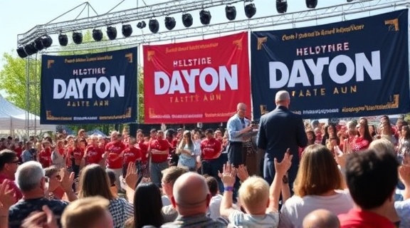 impactful media campaign launch in Dayton, ambitious, addressing a crowd, photorealistic, outdoor stage with branded banners, highly detailed, enthusiastic crowd clapping, bright and vivid colors, natural sunlight, shot with a 135mm lens.