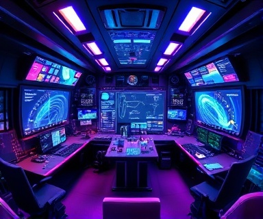 dynamic Dayton site, playful, browsing electric screens, photorealistic, a futuristic command center with holographic displays, highly detailed, interactive graphics swirling, deep contrast, neon purples and blues, studio backlighting, shot with a fisheye lens.