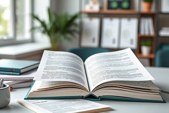 comprehensive SEO guide, focused, crafting detailed plans, photorealistic, modern workspace with open books and digital tablets, highly detailed, pages turning, sharp clarity, teal and white color theme, natural window lighting, shot with a 50mm lens.