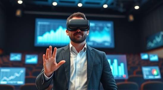 innovative SEO marketing guru, confident, leading a digital seminar, photorealistic, virtual auditorium setting with holographic displays, highly detailed, interactive graphs and charts moving, immaculate sharpness, neon accents, futuristic spotlighting, shot with a VR lens.