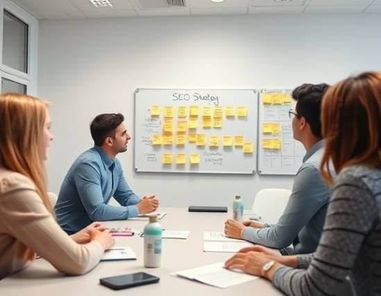 advanced seo strategy, focused, planning, photorealistic, conference room with whiteboards and post-it notes, highly detailed, professional team discussion, medium shot, pastel colors, natural daylight, shot with a 35mm lens.