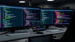 sophisticated seo tools, organized, evaluating, photorealistic, high-tech workspace with multiple monitors, highly detailed, code snippets and analytical tools on screen, macro shot, monochrome with pops of color, direct lighting, shot with a 100mm macro lens.
