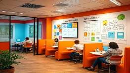 creative seo content, engaging, brainstorming, photorealistic, colorful office with creative booths and brainstorming boards, highly detailed, content sketches and digital screens, wide shot, vibrant colors, soft corner lighting, shot with a 24mm wide-angle lens.