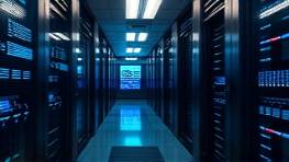 in-depth seo analytics, meticulous, analyzing, photorealistic, data center with servers and digital displays, highly detailed, real-time data streaming, full-frame shot, futuristic blue glows, ambient lighting, shot with a 35mm lens.