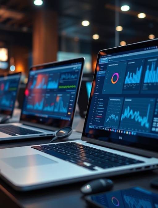 dynamic seo tools, adaptive, testing, photorealistic, startup tech lounge with laptops and smart gadgets, highly detailed, dynamic dashboards on screens, close-up shot, sleek silvers and blues, focus lighting, shot with a 50mm prime lens.